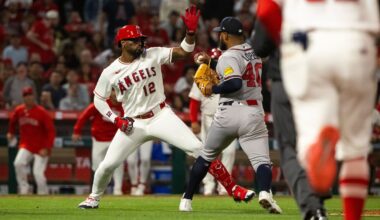 Jorge Soler of the Angels (left) charged Braves pitcher Reynaldo López in the fifth inning on Tuesday night. Both players received seven-game suspensions.
