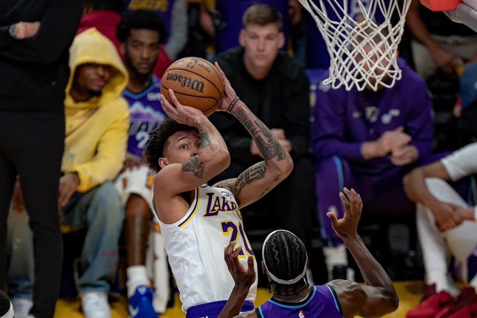 Los Angeles Lakers guard Nick Smith Jr. (20) jumping for a two point shot during an NBA basketball game against the Utah Jazz on April 12th, 2026 in Los Angeles, CA.