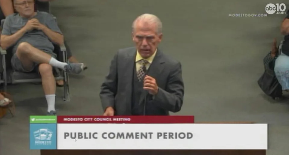 Grundmann speaking at a 2019 Modesto City Council meeting. City of Modesto