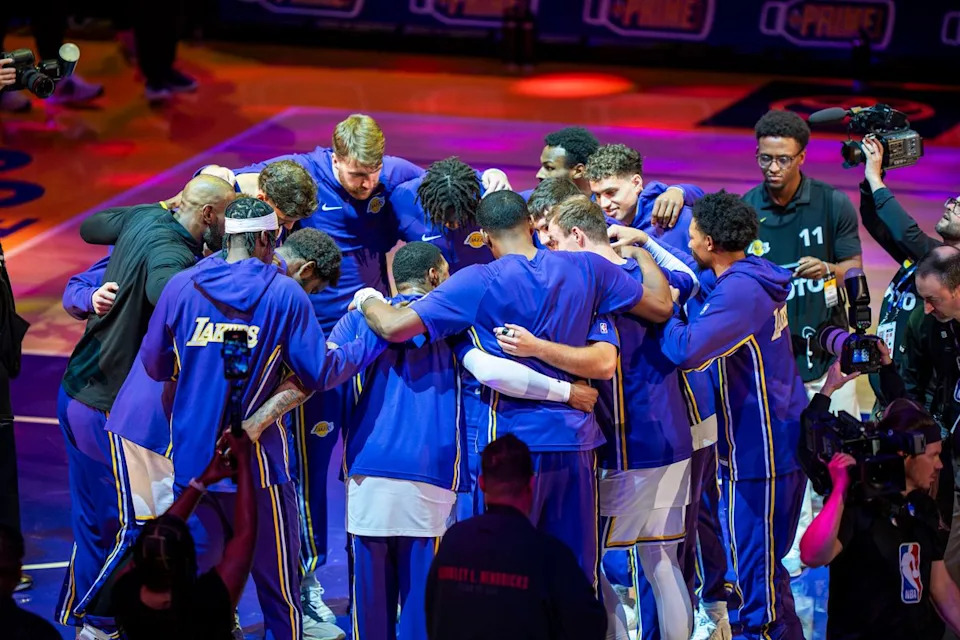 Los Angeles Lakers huddled before an NBA basketball game against the Utah Jazz on April 12th, 2026 in Los Angeles, CA.