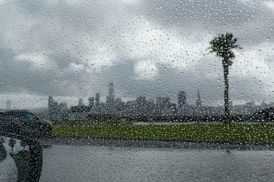 Clouds over San Francisco as seen from Treasure Island during heavy rain on April 12. (Anadolu/Anadolu via Getty Images)