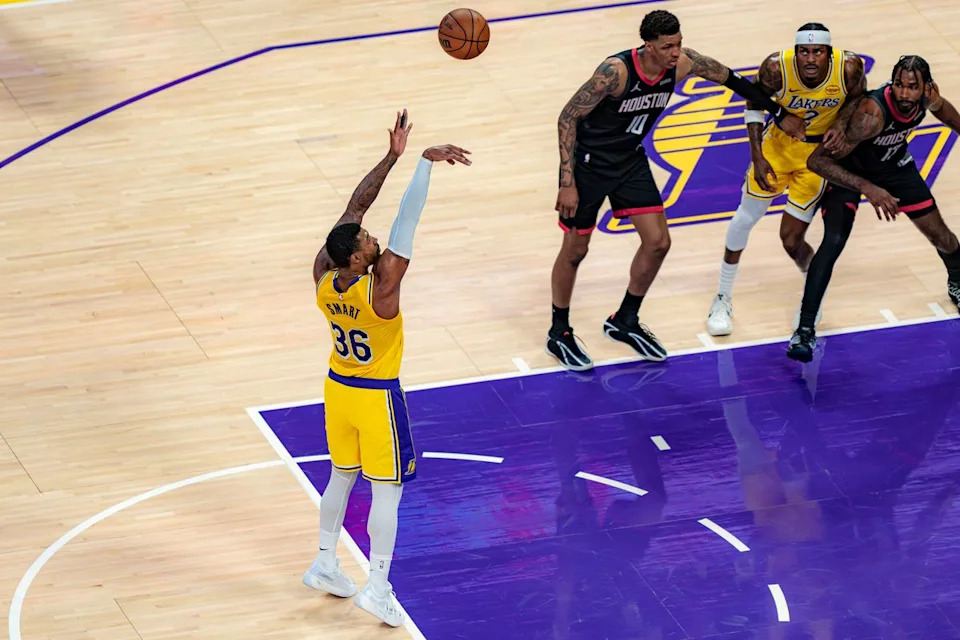 Los Angeles Lakers guard Marcus Smart (26) shooting from the free throw line during an NBA basketball game against the Houston Rockets on April 18th, 2026 in Los Angeles, CA.