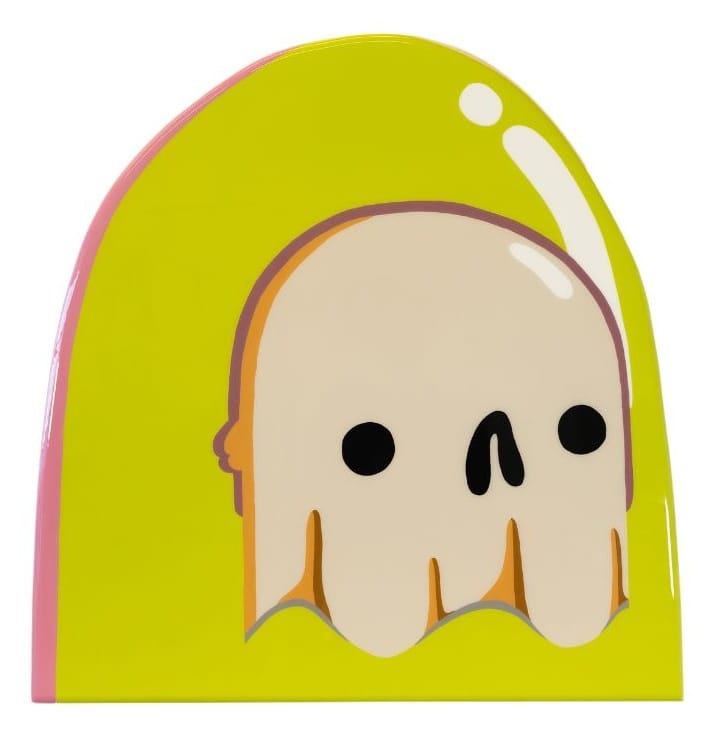 A stylized, cartoon-like ghost shape in beige with simple black eyes and a small nose sits against a bright neon yellow background. The glossy, rounded form has smooth edges and a playful, minimal design, resembling a contemporary pop-art sculpture or painting. Featured at San Francisco Art Fair 2026.