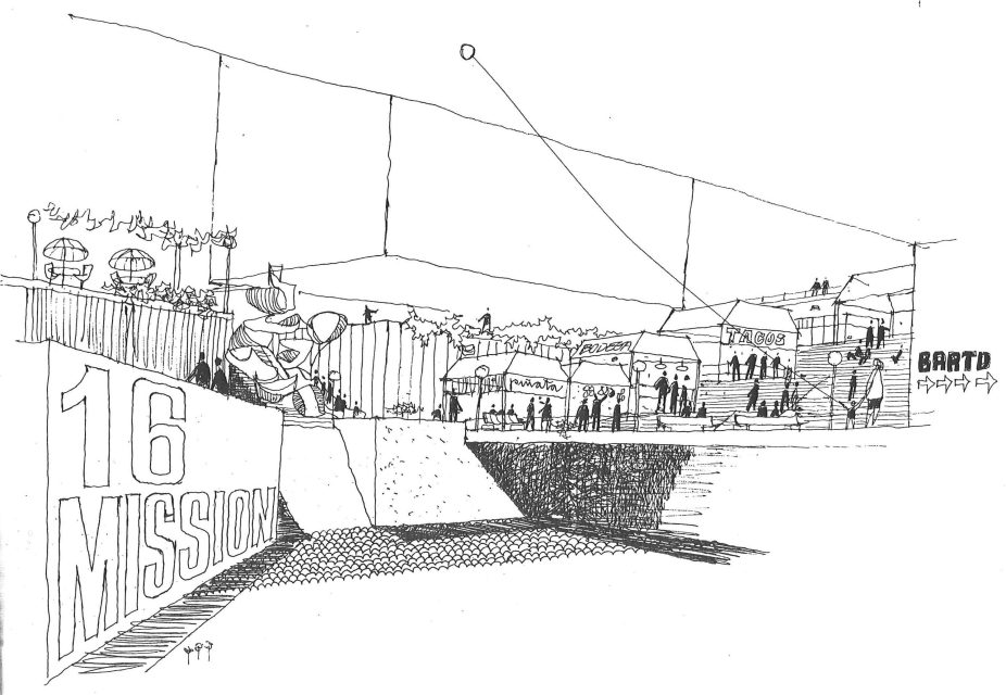 Black and white line drawing of an urban plaza with people, signs reading "16 Mission" and "BART," and various market stalls and seating areas.