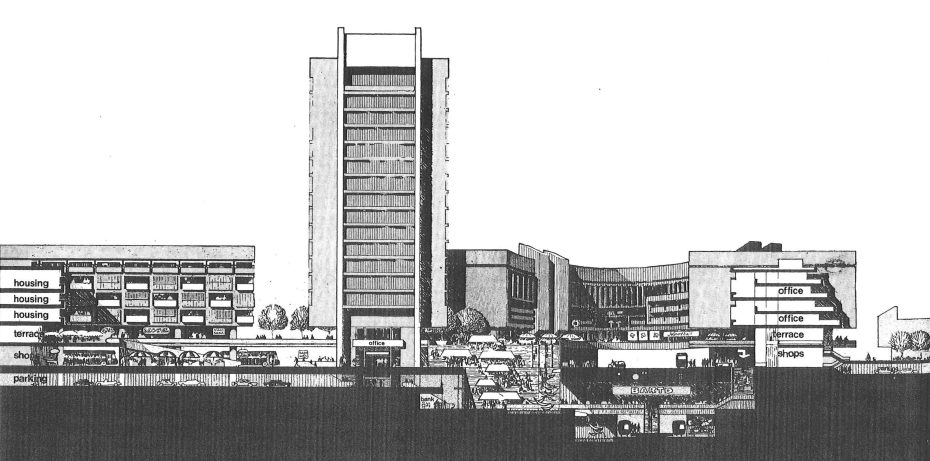 Black and white architectural section drawing showing a tall central tower, adjacent mid-rise buildings, labeled zones for housing, office, shops, parking, and landscaped outdoor spaces.