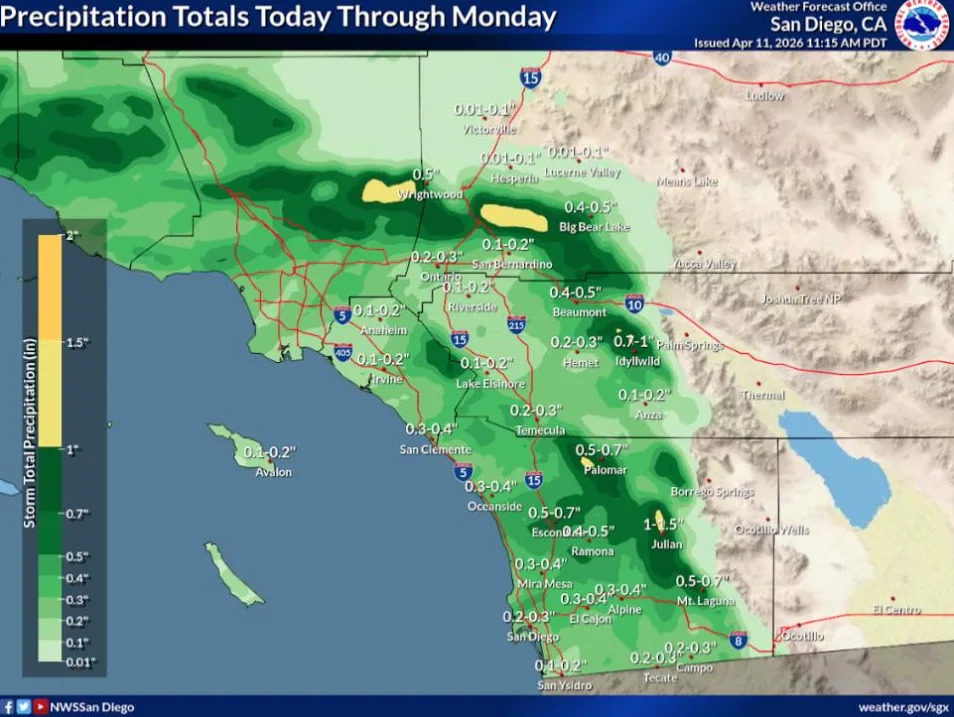 A second round of scattered showers are expected to begin tonight. More moderate steady rainfall is expected to sweep through the region Sunday morning associated with the main cold front - from northwest to southeast - reaching San Diego around noon Sunday (timing is subject to change). A slight (15-20%) chance for thunderstorms expected Sunday with the front (NWS) 