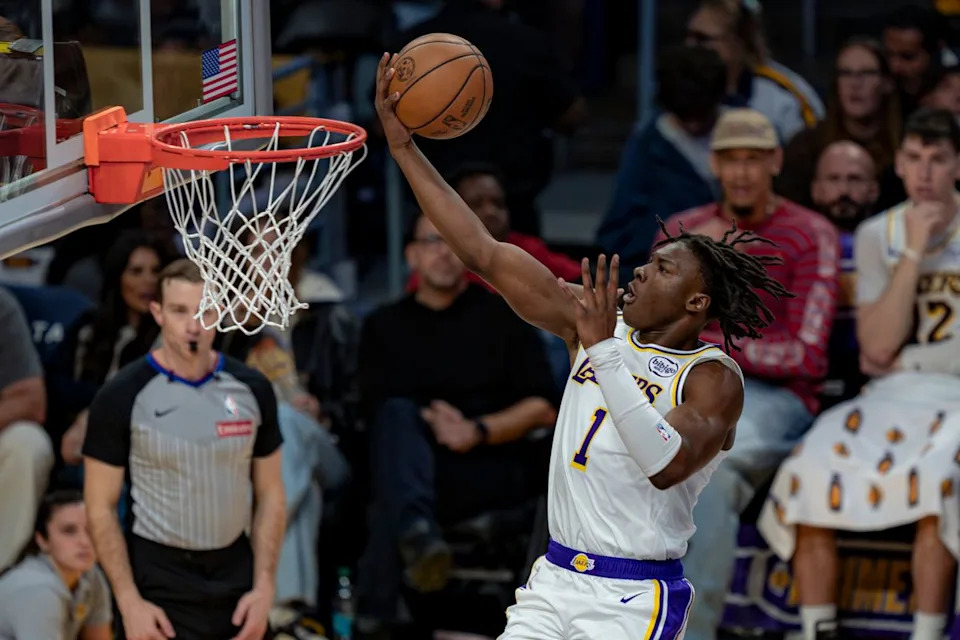 Los Angeles Lakers forward Adou Thiero (1) dunking during an NBA basketball game against the Utah Jazz on April 12th, 2026 in Los Angeles, CA.