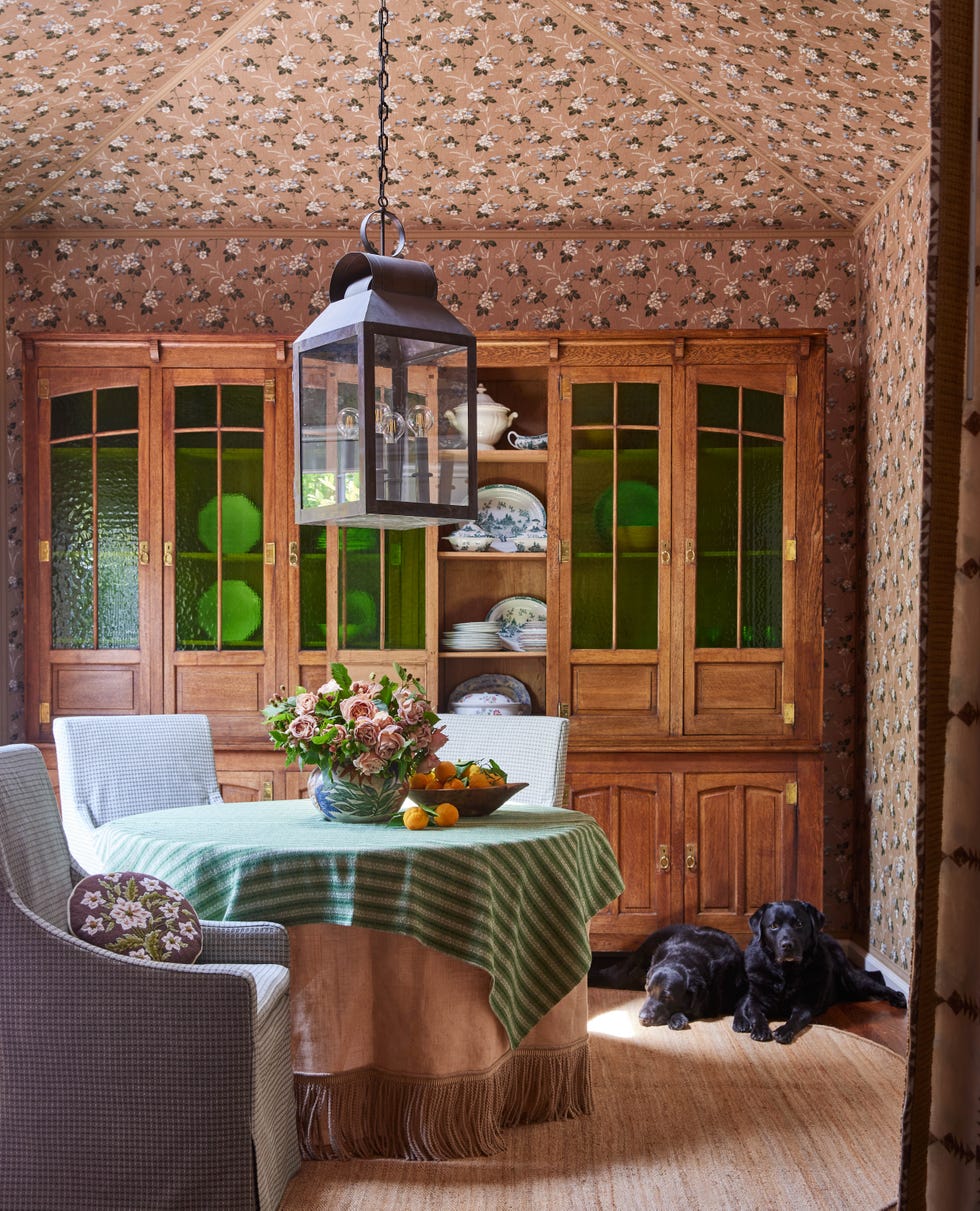Cozy dining area with wooden cabinetry and two dogs resting on the floor.
