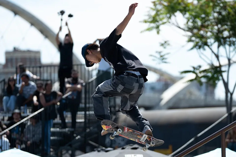 Korean Skateboarder Juni Kang hits a backside board slide during SLS Takeover Saturday, April 4th, 2026 in Downtown Los Angeles