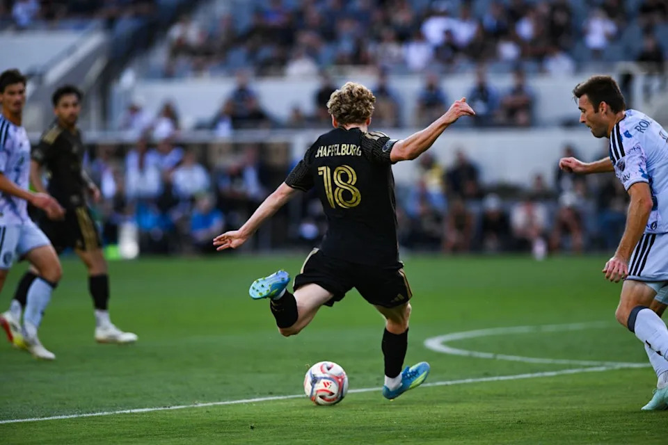 LAFC forward Jacob Shaffelburg (18) makes an attempt at goal during an MLS game between LAFC and San Jose Earthquakes on Sunday, April 19, 2026 at BMO Stadium In Los Angeles Calif at BMO Stadium in Los Angeles Calif