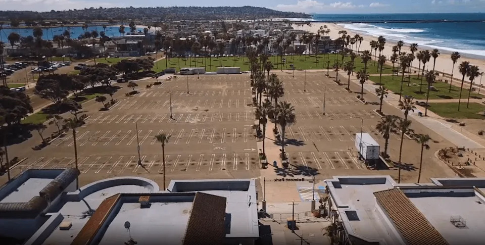 Belmont Park’s parking lot in Mission Beach in San Diego during the COVID-19 pandemic. (Drone 5)