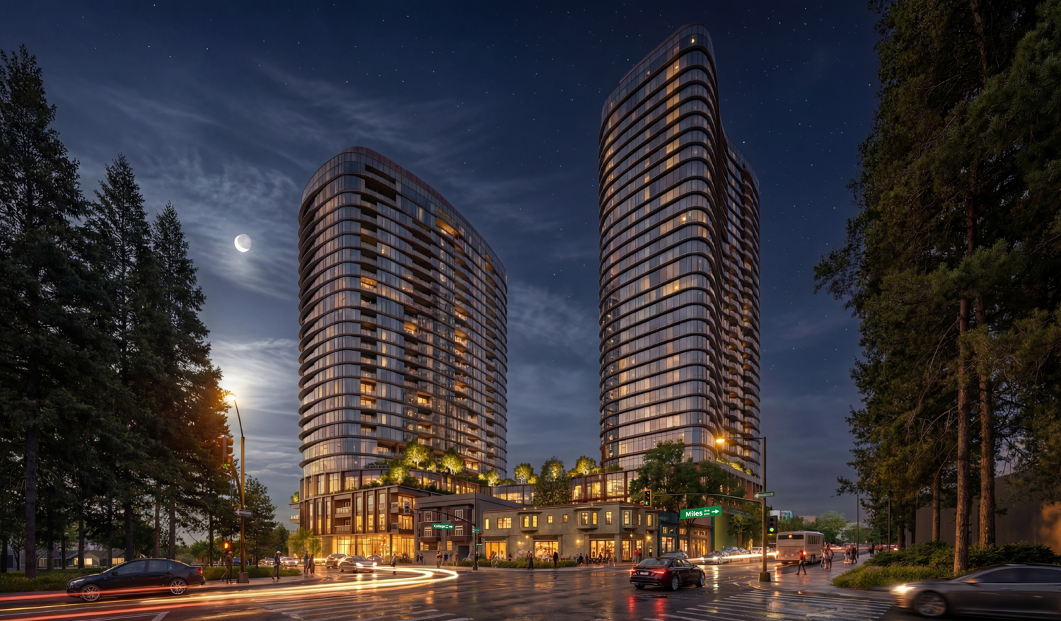 5727 College Avenue evening view from across Miles Avenue, rendering by Solomon Cordwell Buenz