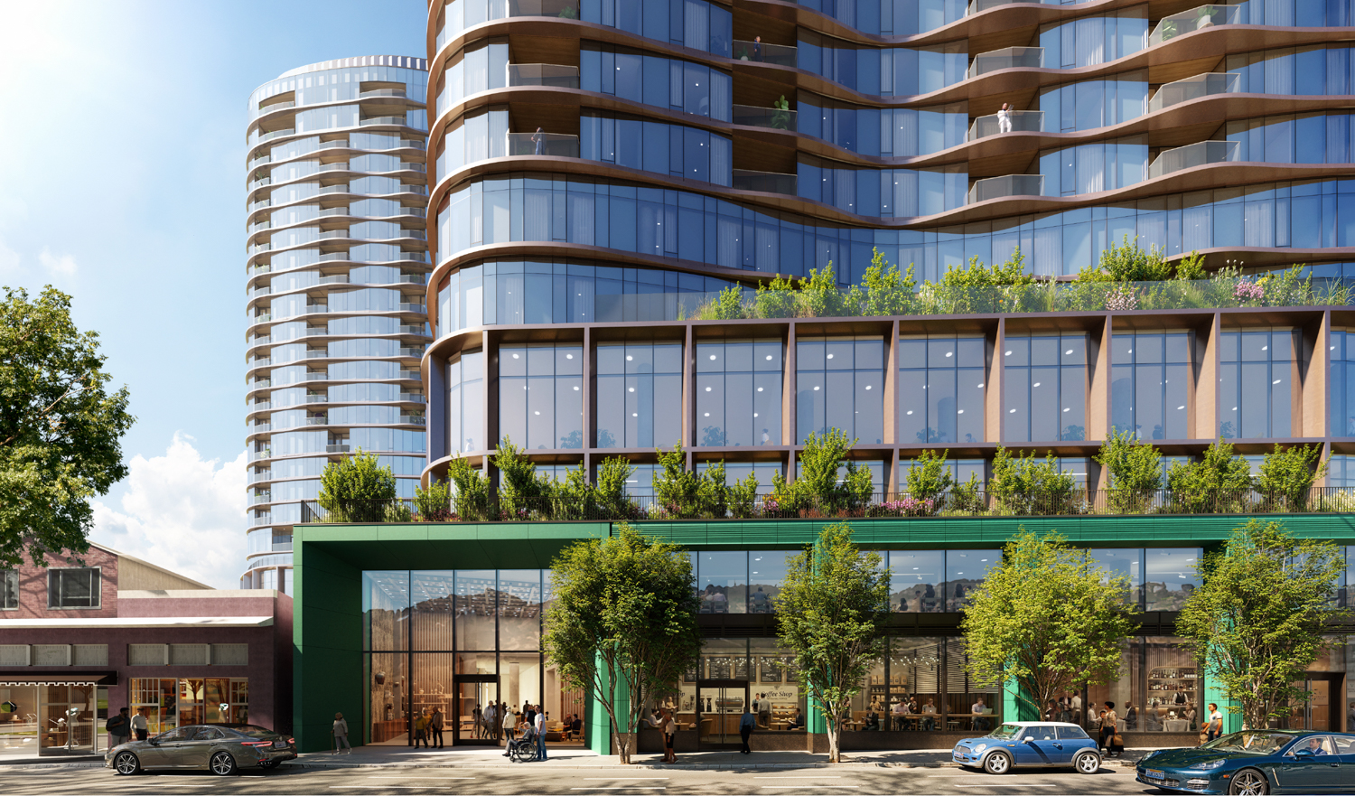 5727 College Avenue view of the green terracotta framing over the sidewalk, rendering by Solomon Cordwell Buenz