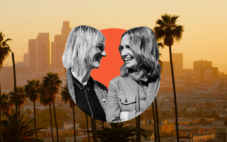 Design, Bitches founding partners and principal architects RA Rudolph (left) and Catherine Johnson (right). Illustration by Archinect (background photo courtesy Cedric Letsch/Unsplash)