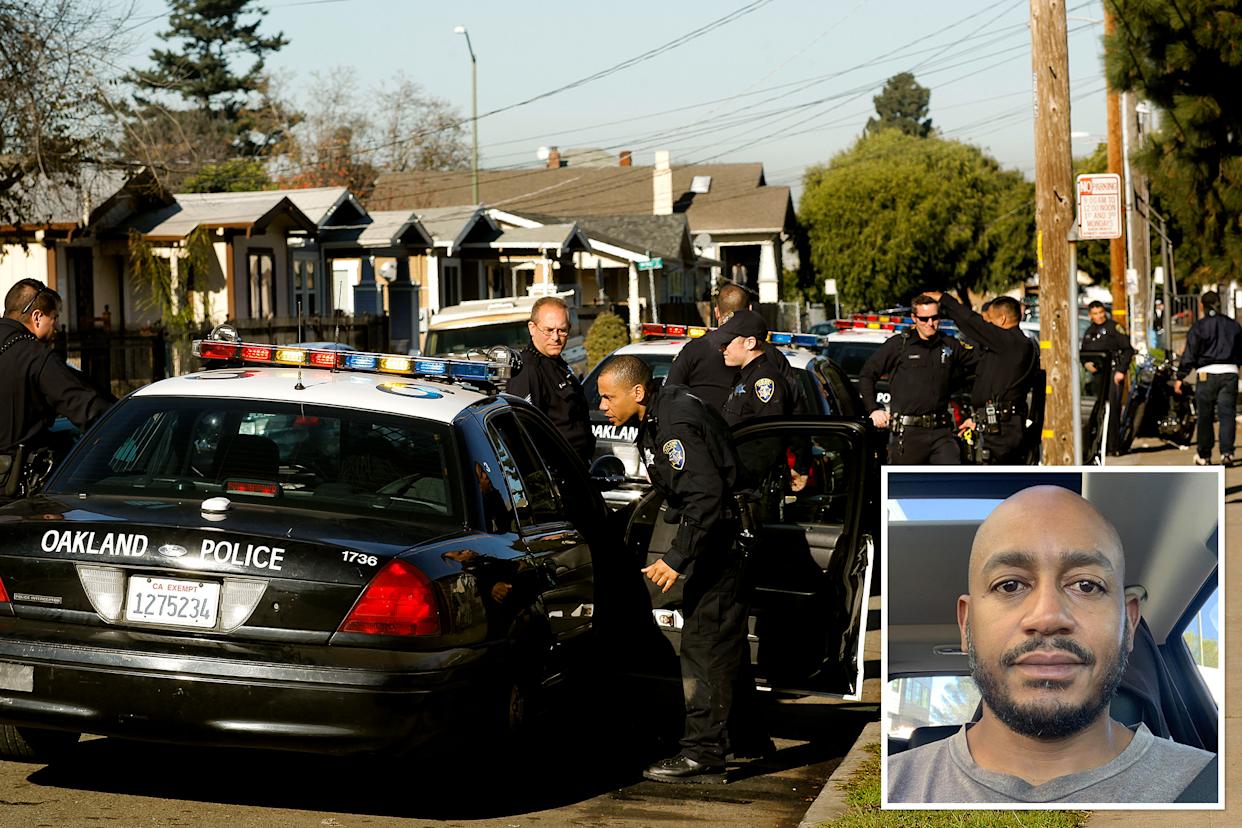 Collage of police activity in Oakland and a man's portrait.