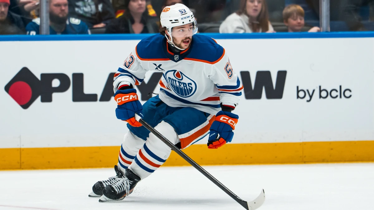 Edmonton Oilers forward Isaac Howard (53) skates against the Vancouver Canucks in the third period at Rogers Arena.