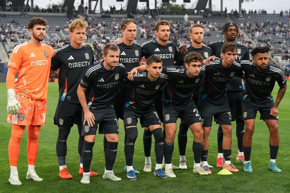 San Diego FC starting eleven get together for a photo before an MLS soccer game against the Portland Timbers, Saturday April 25, 2026 in San Diego, California.