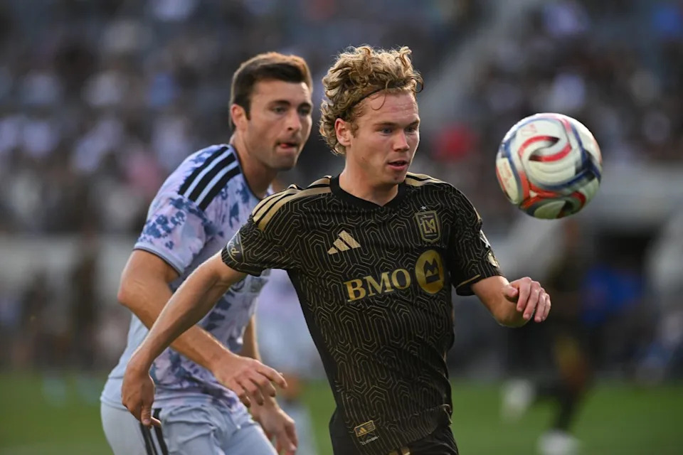 LAFC forward Jacob Shaffelburg (18) eyes the ball during an MLS game between LAFC and San Jose Earthquakes on Sunday, April 19, 2026 at BMO Stadium In Los Angeles Calif at BMO Stadium in Los Angeles Calif