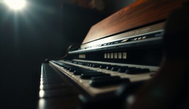 An abstract close-up photograph of the keys and wooden housing of a vintage Hammond B3 organ, captured in dramatic high-contrast studio lighting to evoke the instrument