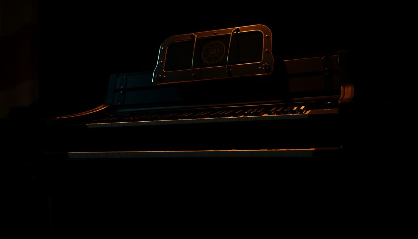 An extreme close-up photograph of the intricate, vintage keys and controls of a Hammond B3 organ, bathed in dramatic high-contrast lighting that highlights the instrument