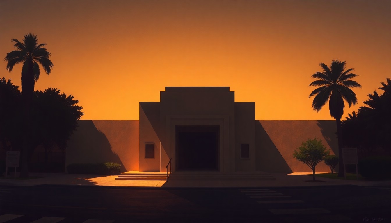 A serene, painterly scene of the entrance to the César Chávez National Monument, with the monument