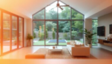 An abstract, impressionistic photograph in soft, warm tones depicting the blurred interior of a modern home with large windows overlooking a backyard, conveying a sense of comfort and relaxation.