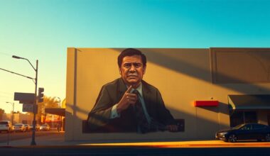 A photorealistic painting of a restored mural depicting Cesar Chavez