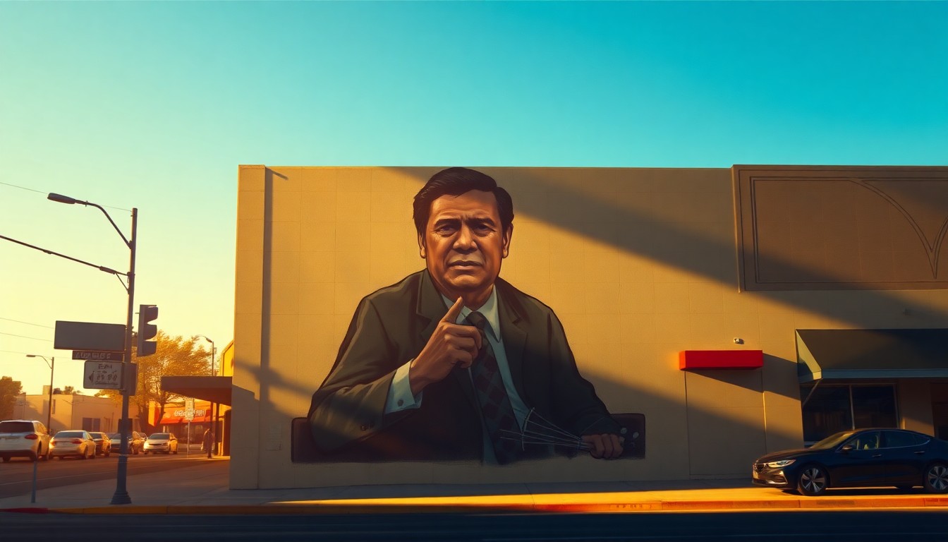 A photorealistic painting of a restored mural depicting Cesar Chavez