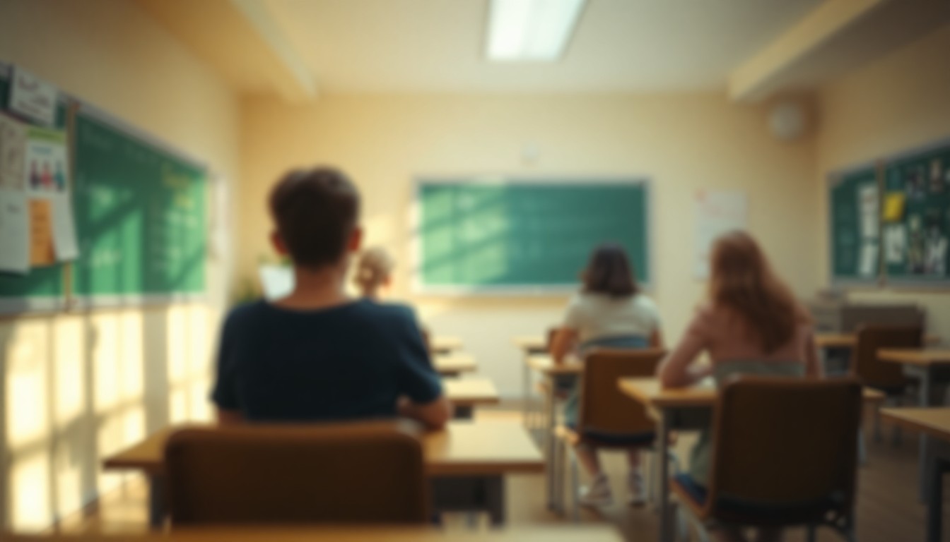 An abstract, out-of-focus image of a high school classroom, with blurred shapes of desks and chairs visible through a warm, hazy light, conveying a sense of the challenges facing modern education.