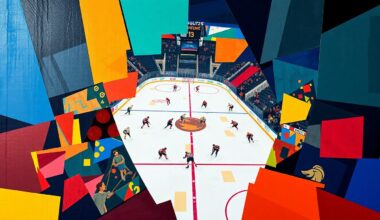 A fractured, multi-perspective painting depicting a hockey game between the Colorado Eagles and Bakersfield Condors, with sharp, overlapping geometric planes in the teams