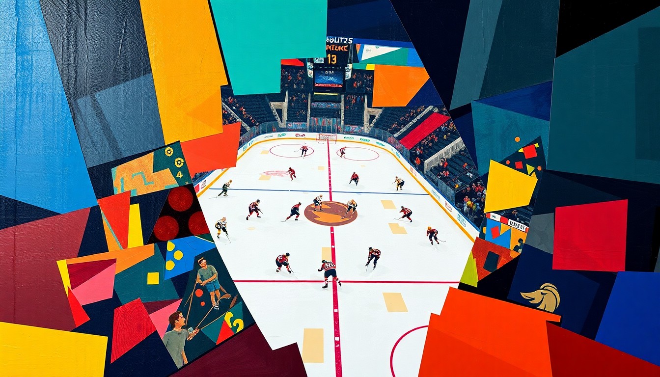 A fractured, multi-perspective painting depicting a hockey game between the Colorado Eagles and Bakersfield Condors, with sharp, overlapping geometric planes in the teams