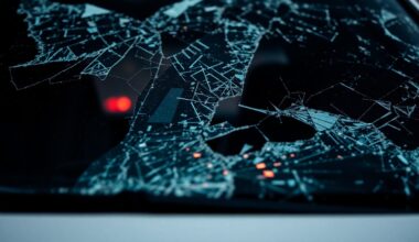 An extreme close-up photograph of a shattered car windshield reflecting a faint red light, conceptually representing the aftermath of a deadly drunk driving crash.