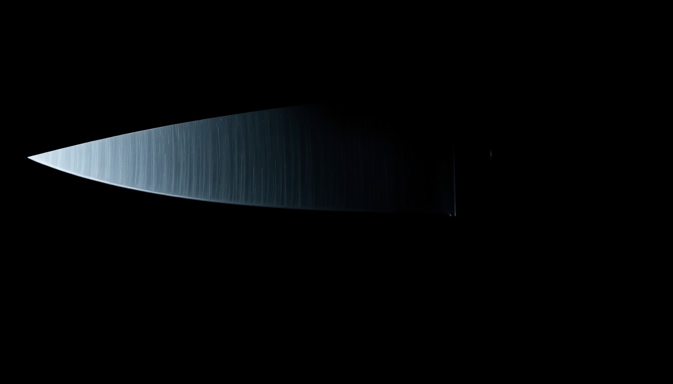 An extreme close-up photograph of a knife blade against a pitch-black background, lit by a harsh, direct camera flash, conceptually representing the physical evidence from the Fresno stabbings and the gritty nature of the incidents.
