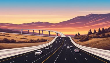 A highly stylized, geometric illustration depicting the grand scale of the Grapevine section of Interstate 5 with sweeping, smooth gradients and sleek, streamlined forms, capturing the impact of the upcoming lane closures on this vital transportation corridor.