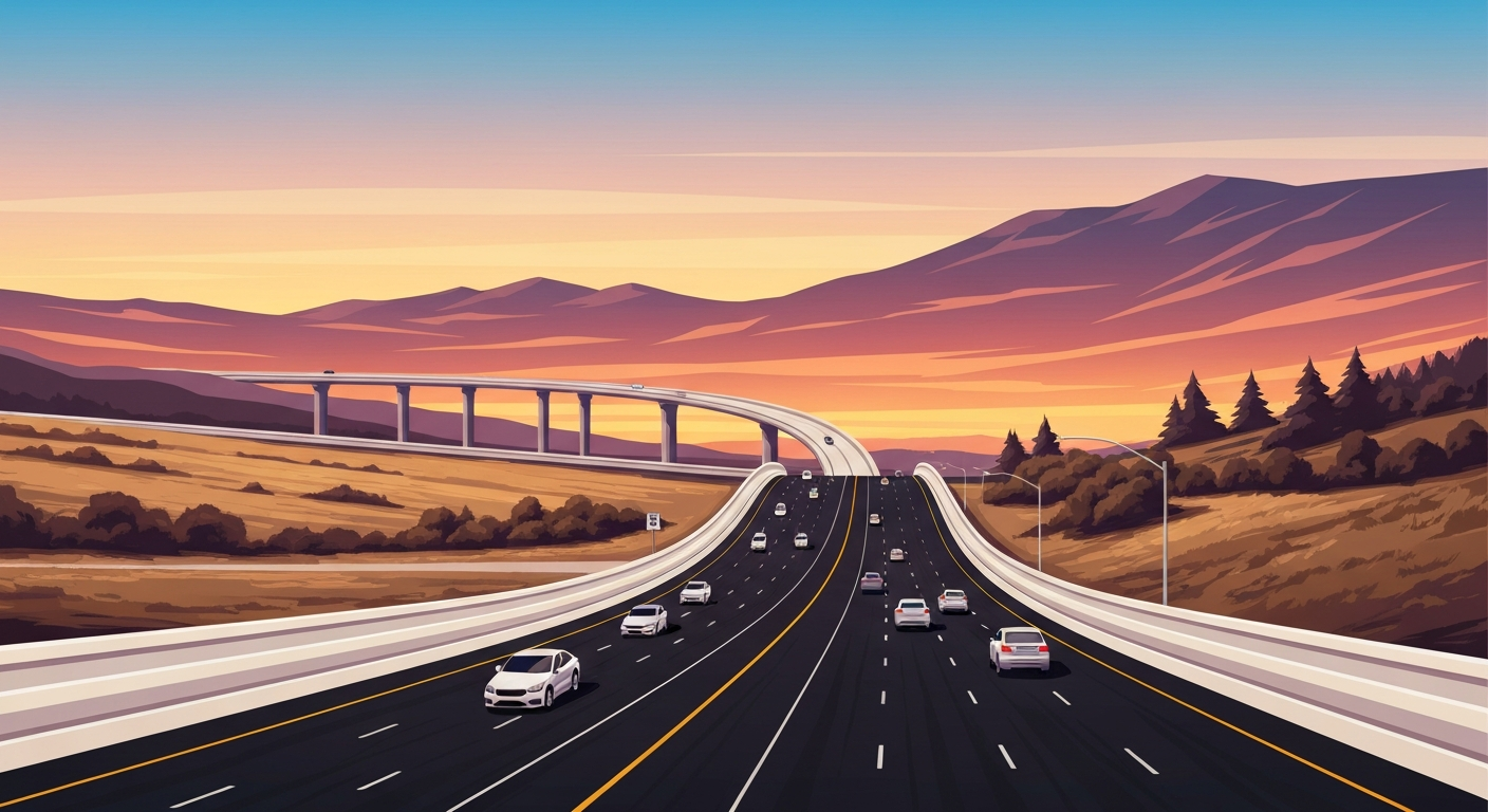 A highly stylized, geometric illustration depicting the grand scale of the Grapevine section of Interstate 5 with sweeping, smooth gradients and sleek, streamlined forms, capturing the impact of the upcoming lane closures on this vital transportation corridor.