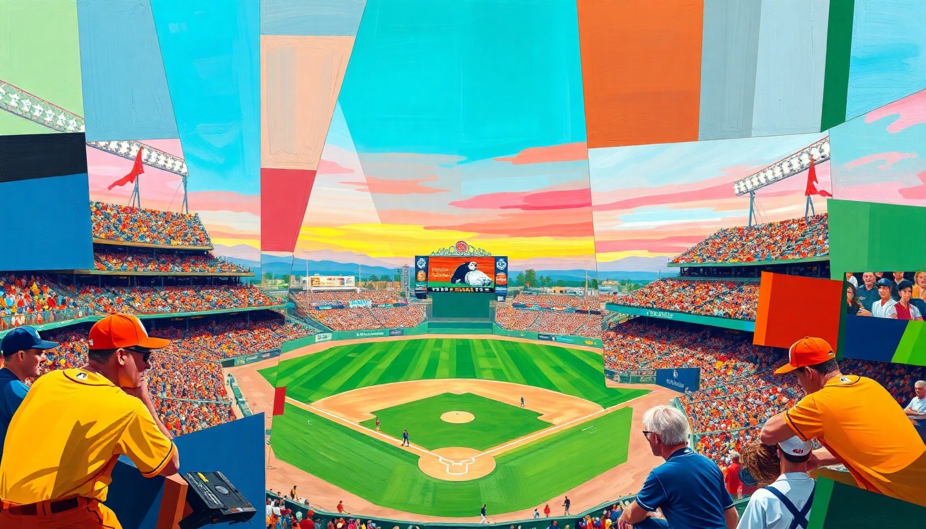 A fragmented, cubist-style painting depicting the action and energy of a baseball game between the Visalia Rawhide and Fresno Grizzlies, with sharp geometric shapes and planes of bright team colors representing the competitive spirit of the rivalry.