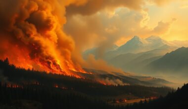 A sweeping landscape painting in muted earth tones, with a massive wildfire consuming a dense forest in the foreground, the smoke and flames obscuring the distant mountains, conveying the sublime scale and power of the natural disaster.