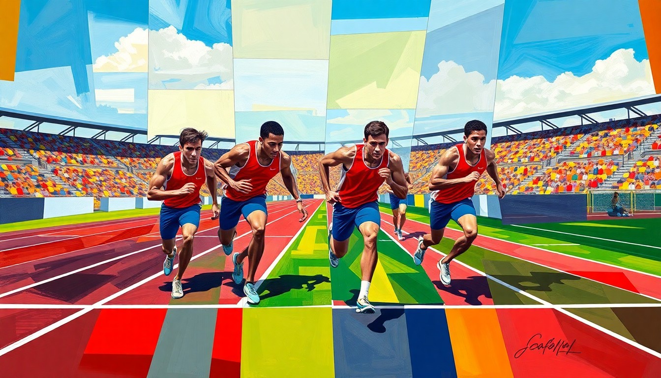 A fractured, multi-perspective painting depicting the Servite 4x100m relay team