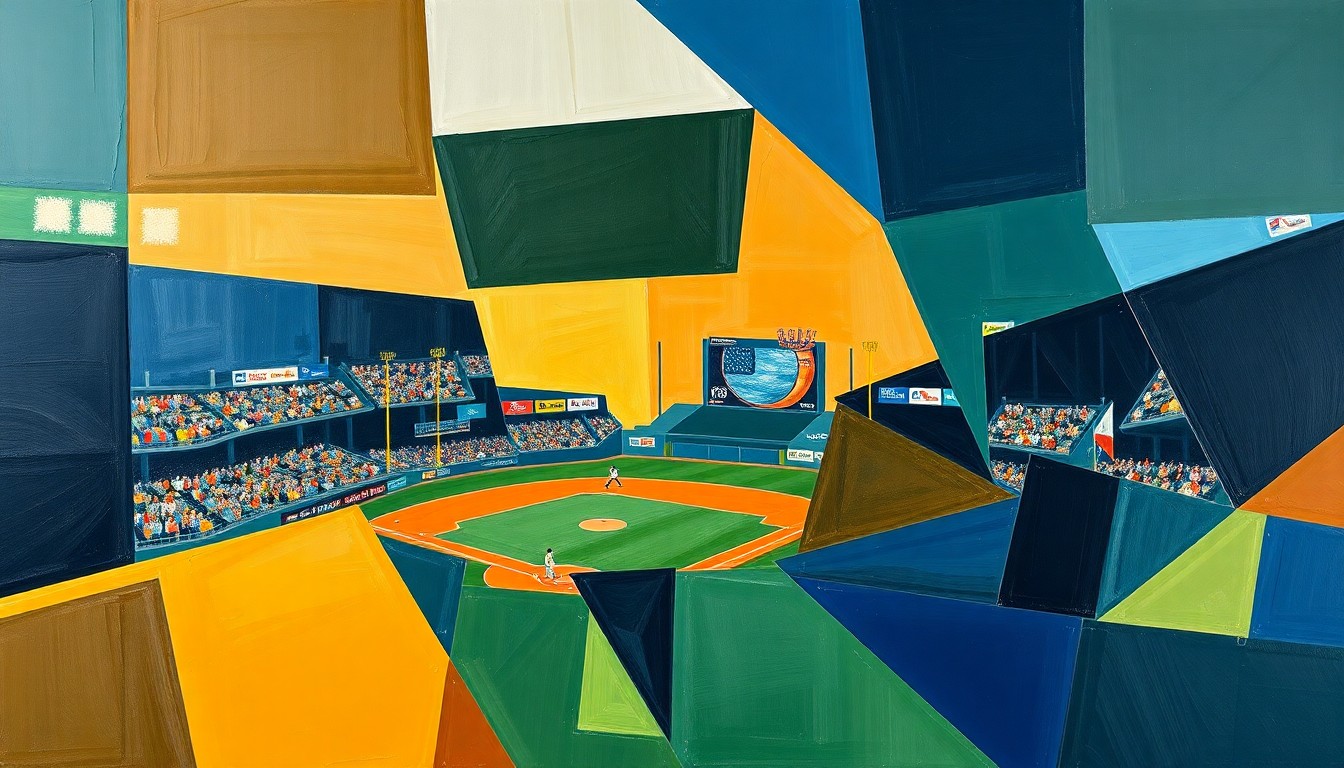 A fragmented, geometric painting depicting a baseball game in progress, with players and field elements broken down into sharp, overlapping planes of color, conveying the conceptual complexity of a major league trade.