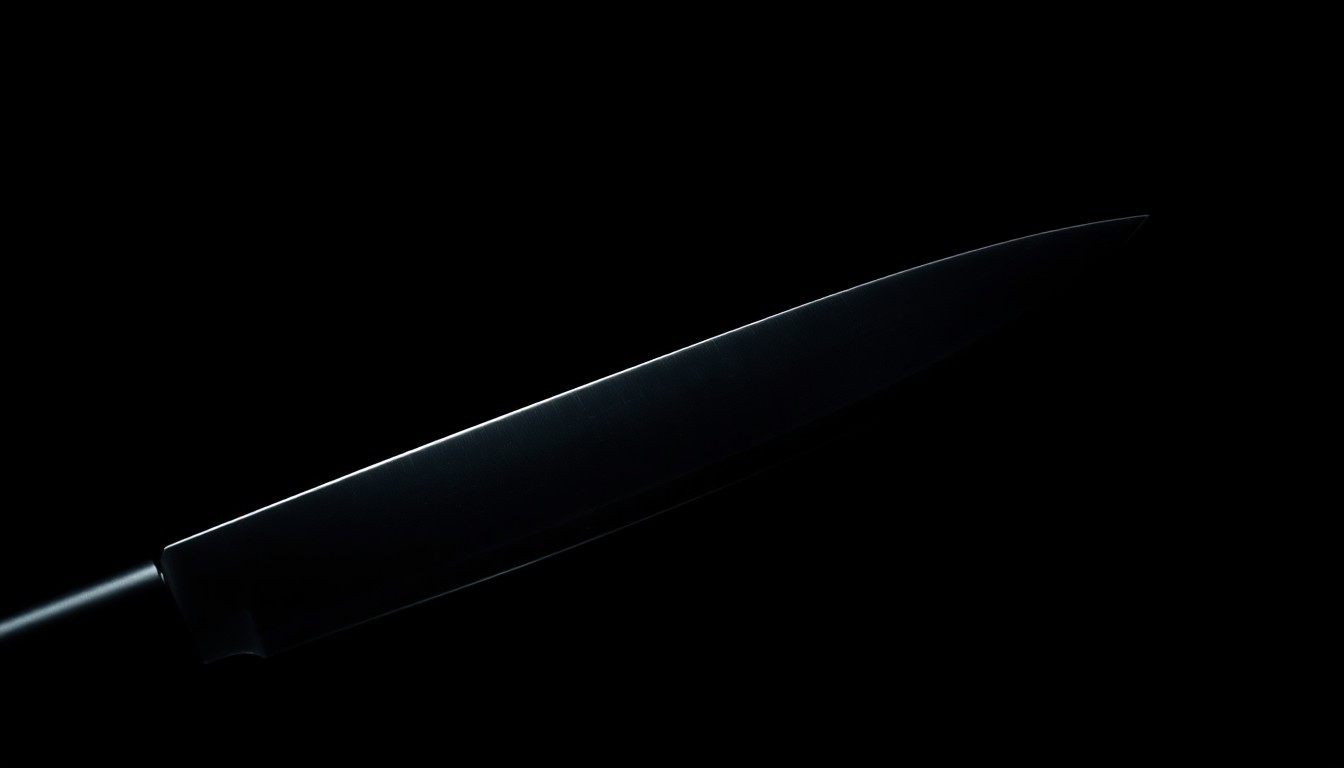 An extreme close-up of a knife blade reflecting a bright, harsh light, conceptually illustrating the violent nature of the recent stabbings in Fresno.