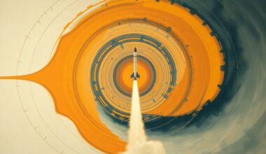 A highly textured, abstract painting in soft earth tones of orange, yellow, and blue, featuring sweeping geometric arcs, concentric circles, and precise botanical spirals, conceptually representing the complex atmospheric interactions and optical effects of a SpaceX rocket launch.