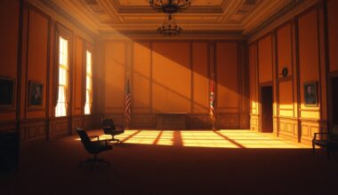 A dimly lit, cinematic interior space with a lone desk and chair, the room