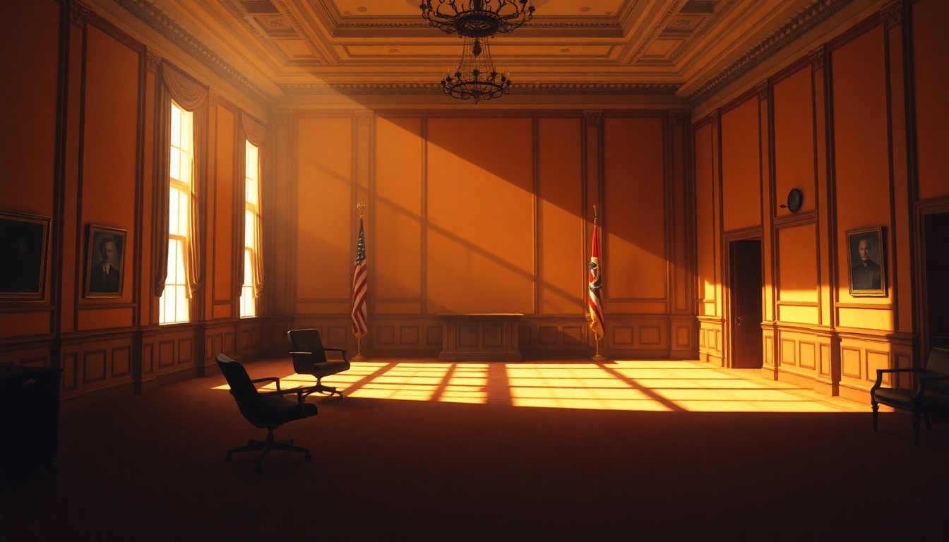 A dimly lit, cinematic interior space with a lone desk and chair, the room