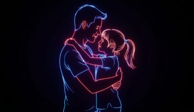 A glowing neon outline of a parent and child embracing, their figures defined by vibrant, electric lines against a dark background, conceptually representing the energy and connection needed to prevent parental burnout.