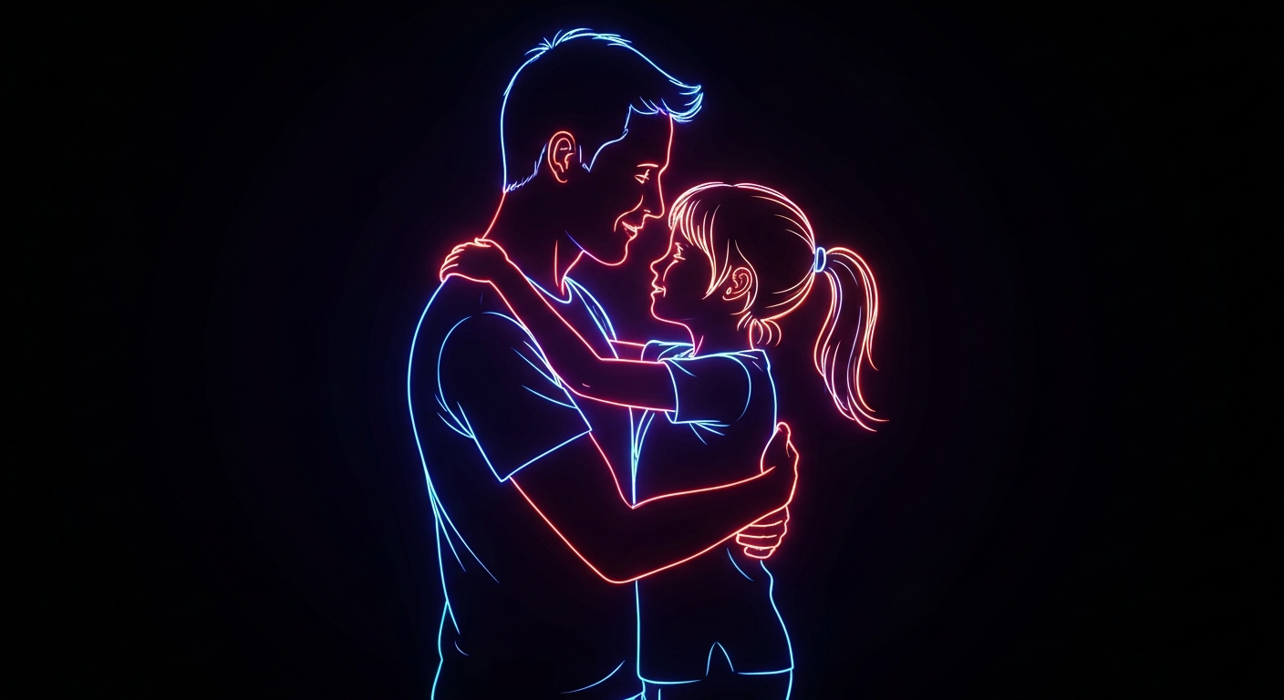 A glowing neon outline of a parent and child embracing, their figures defined by vibrant, electric lines against a dark background, conceptually representing the energy and connection needed to prevent parental burnout.