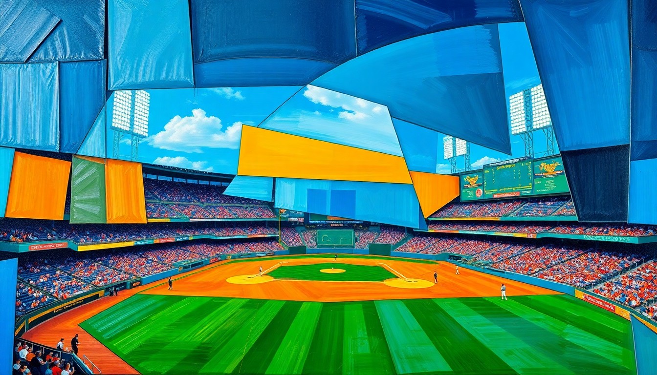 A cubist, geometric painting depicting a baseball game or match, with overlapping planes of color and shape representing the dynamic action on the field.