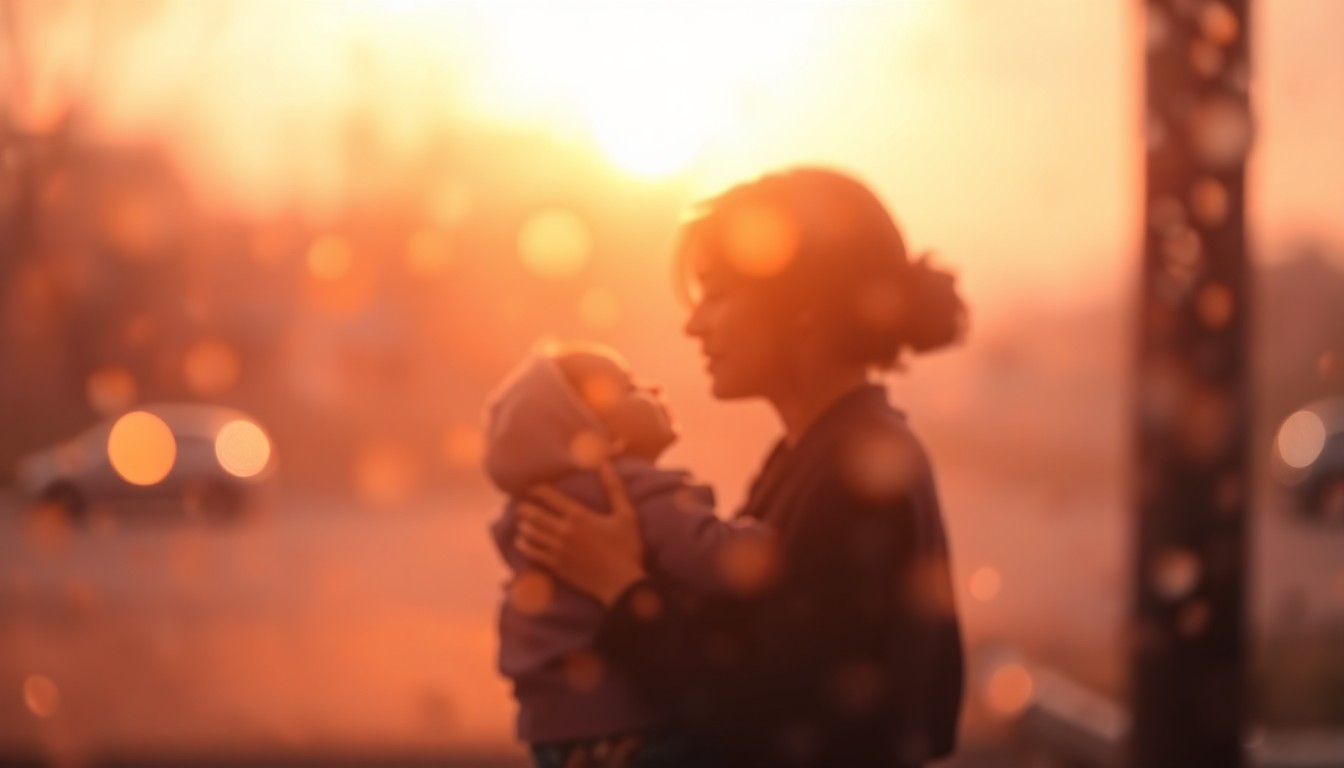 An abstract, impressionistic photograph of a mother and child