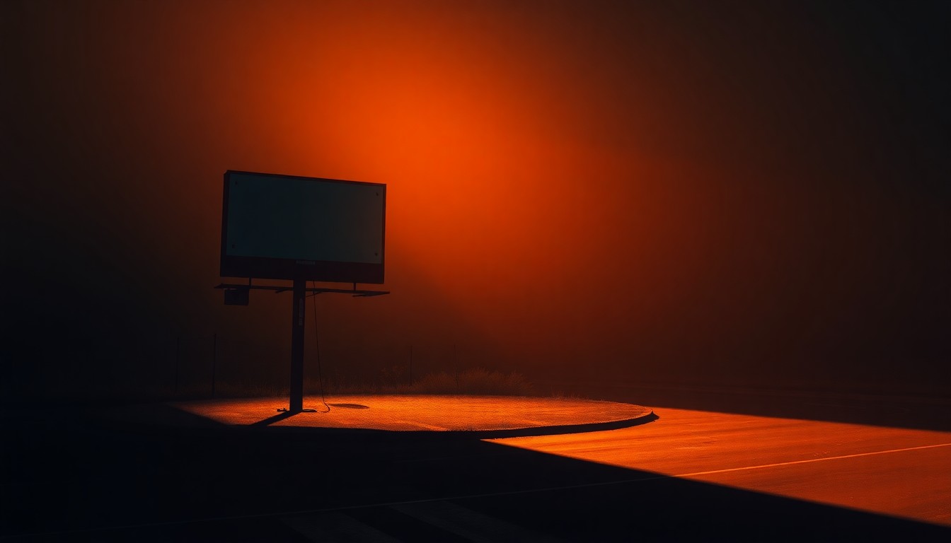 A serene, photorealistic painting of a lone political campaign sign or billboard set against a backdrop of warm, golden sunlight and deep, dramatic shadows, conveying a sense of quiet contemplation around the state