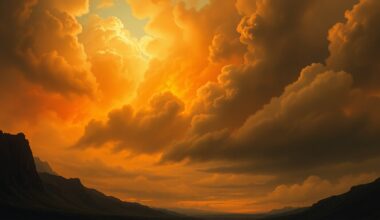 A sweeping, atmospheric landscape painting in muted tones of orange, gray, and blue, with a massive plume of smoke rising in the distance, conceptually representing the overwhelming scale of a wildfire.