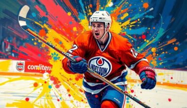 An explosive, neon-colored expressionist painting capturing the raw energy and movement of Edmonton Oilers star Connor McDavid scoring a hat trick, with his face and jersey dissolving into vibrant brushstrokes.